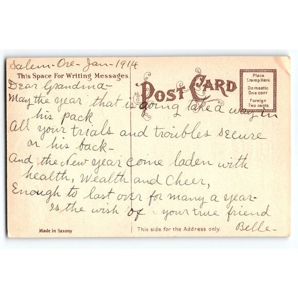 Vintage 1914 Christmas New Year Postcard Child Ringing Bell Made in Saxony Gel - Picture 2 of 2